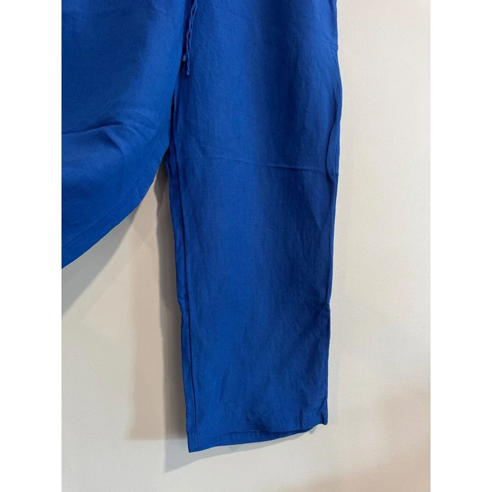 H&M Linen Blend Wide Leg Pants Womens XL Blue Elastic‎ Drawstring Waist